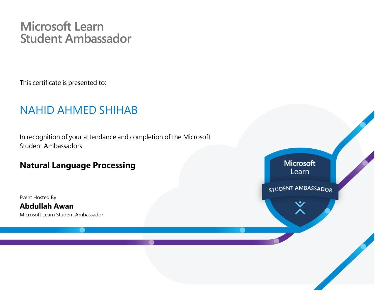 Microsoft Learn Student Ambassador certificate for Natural Language Processing